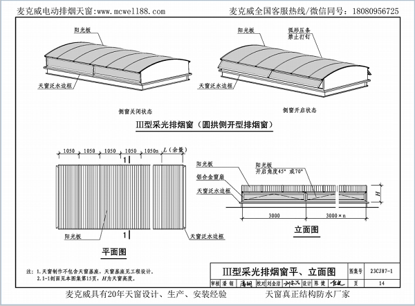 23CJ87-1采光、通風、消防排煙天窗（一）中III型側開式圓拱型電動采光排煙天窗